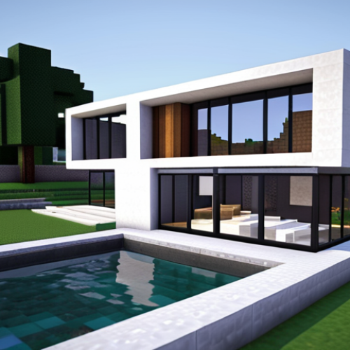 Home 15 Modern Minecraft House Exterior**
A sleek, modern Minecraft house with large glass windows, clean concrete walls, and white wool accents. The house should have a flat roof and minimalist landscaping. The scene is set at night with subtle lighting emanating from inside, creating a gallery-like feel.
**
