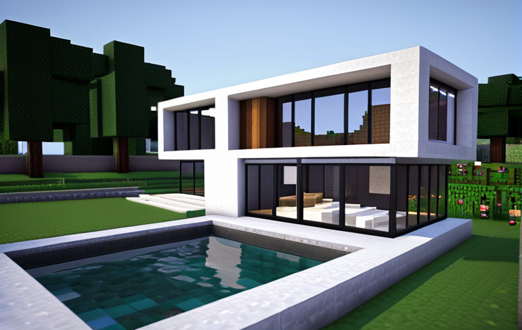 Modern Minecraft House Exterior**
A sleek, modern Minecraft house with large glass windows, clean concrete walls, and white wool accents. The house should have a flat roof and minimalist landscaping. The scene is set at night with subtle lighting emanating from inside, creating a gallery-like feel.
**