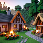 A cozy Minecraft forest village with wooden houses, stone accents, vines, flowers, and warm lighting from torches and lanterns, emphasizing a natural and inviting atmosphere.