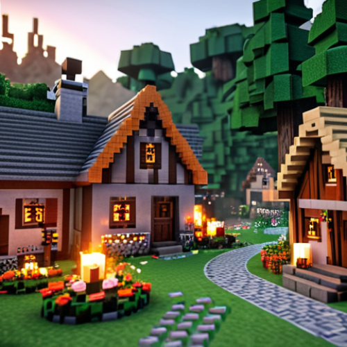 Home 14 A cozy Minecraft forest village with wooden houses, stone accents, vines, flowers, and warm lighting from torches and lanterns, emphasizing a natural and inviting atmosphere.