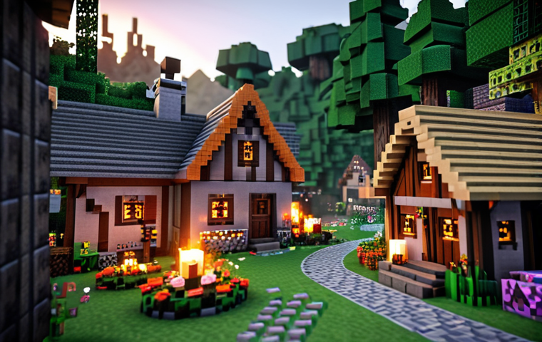 A cozy Minecraft forest village with wooden houses, stone accents, vines, flowers, and warm lighting from torches and lanterns, emphasizing a natural and inviting atmosphere.