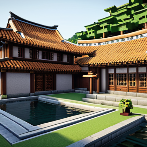 Home 7 A detailed Minecraft house blending Korean traditional roof tiles with a Western-style brick structure. The building features subtle indirect lighting enhancing the depth and texture of mixed brick types. Lush landscaping surrounds the building, incorporating the natural hillside terrain and various plants, with a serene pond reflecting the architecture. The style is a fusion of East and West, showcasing detailed craftsmanship.