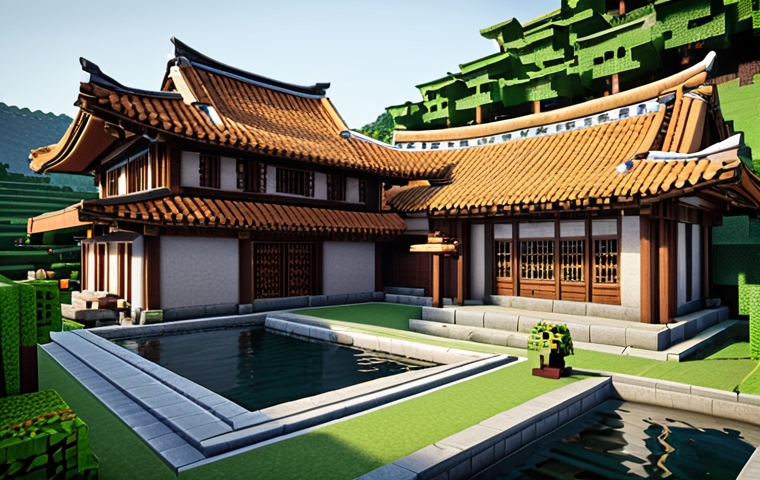 A detailed Minecraft house blending Korean traditional roof tiles with a Western-style brick structure. The building features subtle indirect lighting enhancing the depth and texture of mixed brick types. Lush landscaping surrounds the building, incorporating the natural hillside terrain and various plants, with a serene pond reflecting the architecture. The style is a fusion of East and West, showcasing detailed craftsmanship.