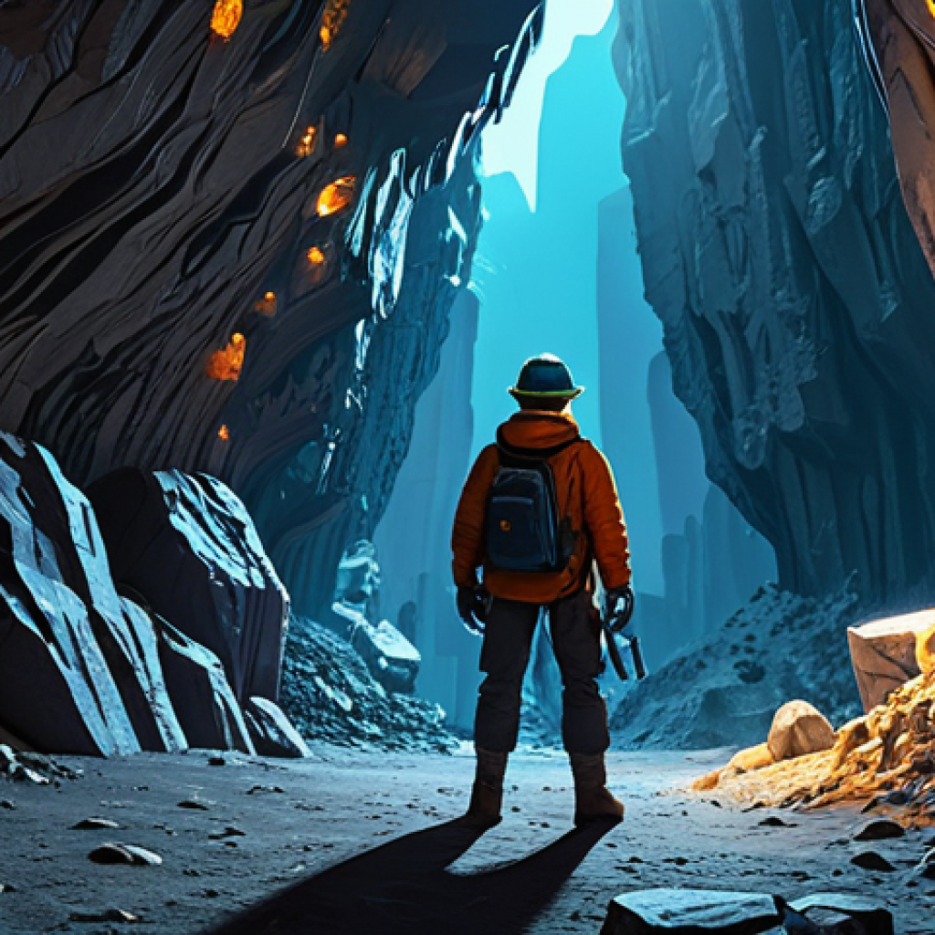 A focused explorer, fully clothed in modest, durable outdoor attire, stands poised at the entrance of a sprawling, blocky cave system. They hold a mining tool, gazing into the illuminated depths where intricate rock formations and glowing crystal veins are visible. The environment evokes the thrill of resource gathering and discovery in a vast, unknown world. perfect anatomy, correct proportions, natural pose, well-formed hands, proper finger count, natural body proportions, professional photography, high quality, safe for work, appropriate content, fully clothed, family-friendly.