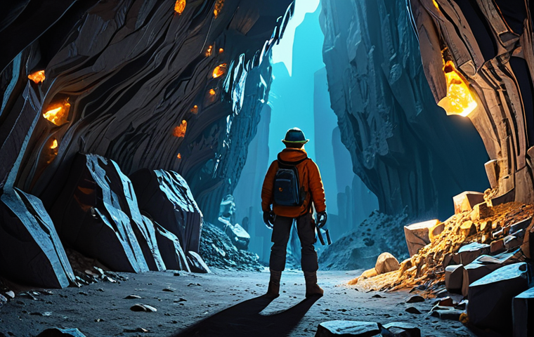 A focused explorer, fully clothed in modest, durable outdoor attire, stands poised at the entrance of a sprawling, blocky cave system. They hold a mining tool, gazing into the illuminated depths where intricate rock formations and glowing crystal veins are visible. The environment evokes the thrill of resource gathering and discovery in a vast, unknown world. perfect anatomy, correct proportions, natural pose, well-formed hands, proper finger count, natural body proportions, professional photography, high quality, safe for work, appropriate content, fully clothed, family-friendly.