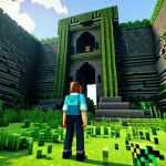A professional young adult game designer, fully clothed in a modest, long-sleeved shirt and durable trousers, standing contemplatively in a fantastical, Minecraft-inspired landscape. They are observing an ancient, overgrown stone ruin on one side, while the sky in the distance shows signs of a dramatic weather change or a mysterious, glowing land formation. The environment blends lush green forests with hints of a more challenging, transformed area, suggesting progression in a survival map. The image is a professional photograph, high quality, highly detailed, perfect anatomy, correct proportions, natural pose, well-formed hands, proper finger count, natural body proportions, safe for work, appropriate content, family-friendly.