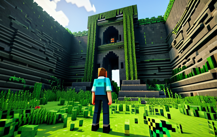 A professional young adult game designer, fully clothed in a modest, long-sleeved shirt and durable trousers, standing contemplatively in a fantastical, Minecraft-inspired landscape. They are observing an ancient, overgrown stone ruin on one side, while the sky in the distance shows signs of a dramatic weather change or a mysterious, glowing land formation. The environment blends lush green forests with hints of a more challenging, transformed area, suggesting progression in a survival map. The image is a professional photograph, high quality, highly detailed, perfect anatomy, correct proportions, natural pose, well-formed hands, proper finger count, natural body proportions, safe for work, appropriate content, family-friendly.