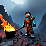 A professional Minecraft adventurer, fully clothed in sturdy diamond armor, stands cautiously at the edge of a fiery volcanic biome. Red-hot lava flows in streams across a desolate landscape of dark, jagged rock formations. The adventurer holds an enchanted pickaxe and a water bucket, ready for exploration. The background shows an expansive, smoky sky. Perfect anatomy, correct proportions, natural pose, well-formed hands, proper finger count, natural body proportions. Safe for work, appropriate content, fully clothed, professional, family-friendly, high-quality, ultra-detailed.