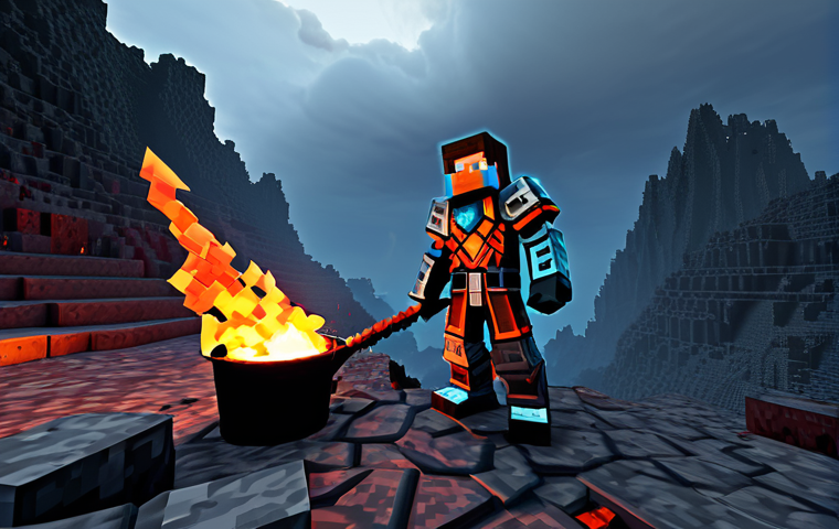 A professional Minecraft adventurer, fully clothed in sturdy diamond armor, stands cautiously at the edge of a fiery volcanic biome. Red-hot lava flows in streams across a desolate landscape of dark, jagged rock formations. The adventurer holds an enchanted pickaxe and a water bucket, ready for exploration. The background shows an expansive, smoky sky. Perfect anatomy, correct proportions, natural pose, well-formed hands, proper finger count, natural body proportions. Safe for work, appropriate content, fully clothed, professional, family-friendly, high-quality, ultra-detailed.