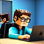 마인크래프트 코딩 튜토리얼 - **Prompt:** A young student, fully clothed and wearing glasses, enthusiastically coding in Minecraft...