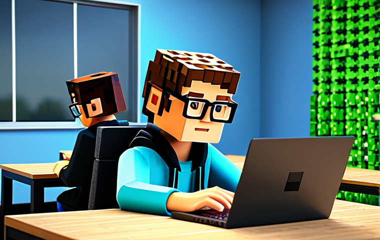 마인크래프트 코딩 튜토리얼 - **Prompt:** A young student, fully clothed and wearing glasses, enthusiastically coding in Minecraft...