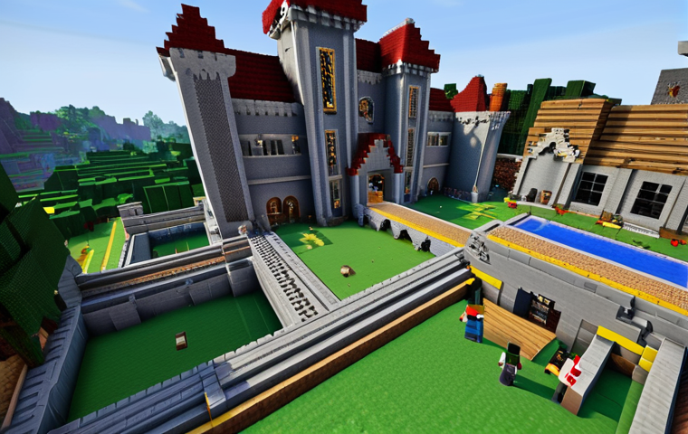 마인크래프트 멀티플레이 규칙 - **Prompt:** A group of diverse Minecraft players collaborating on a large, impressive castle build w...